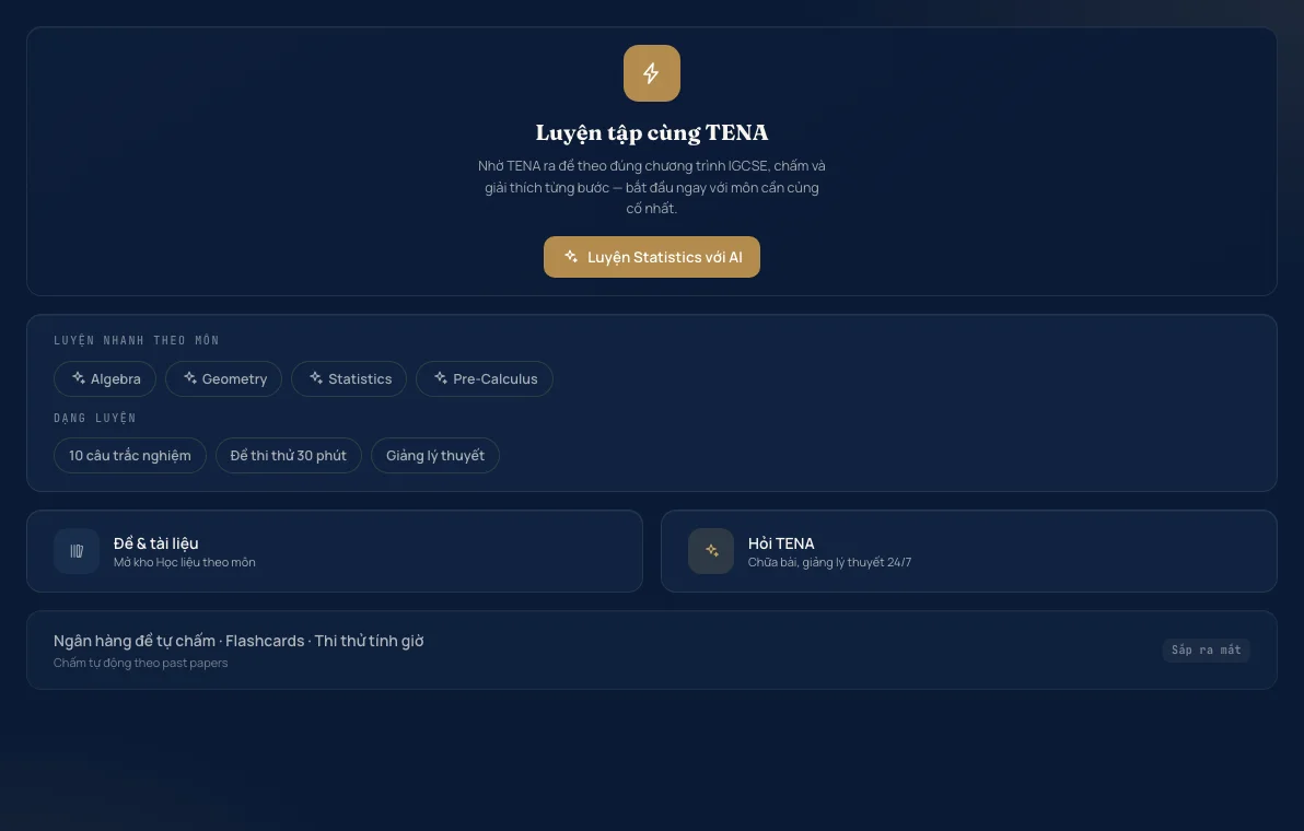 Màn hình luyện tập của học viên trên Portal với bài luyện tập theo môn và TENA